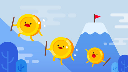 easter egg with a chicken Smiling golden coins climbing a mountain with a flag. The background is light blue
