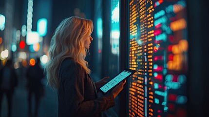 Woman looking at digital display at night