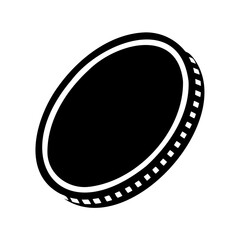 A single black coin viewed at an angle with detailed edge design
