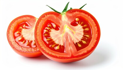 Two halves of a ripe, red tomato. The tomato has seeds, glossy flesh, and a green stem. Shot against a white background