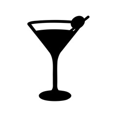 Elegant Black Silhouette of a Martini Glass with Olive on White Background