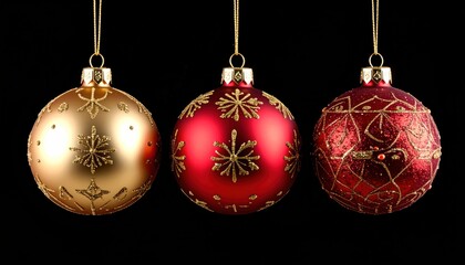 Three Christmas ornaments of gold and red, adorned with decorative patterns and glitter, suspended by gold threads against a stark black background