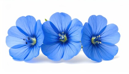 Three delicate, open blue flowers are centered on a crisp white backdrop. They exhibit striking veins and delicate filaments inside