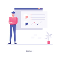 Vector elements of the office environment A man standing next to a screen with charts. He wears a pink top and blue pants, with a plant in the background