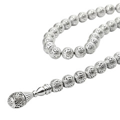 Silver Prayer Beads with Floral Engraved Beads and Ornate Tassel on Black rosary tasbih
