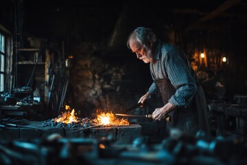Elderly Blacksmith Working In Dark Forge