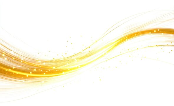 Abstract gold wave design on white background.  Golden, wavy lines with sparkling particles create a dynamic effect
