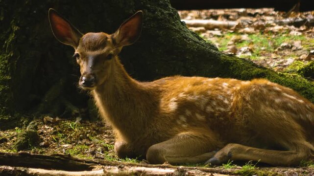 Close up of axis female deers and fawns walking around the forest on a sunny autmn day