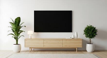 Modern living room interior with tv console plants and decorative items