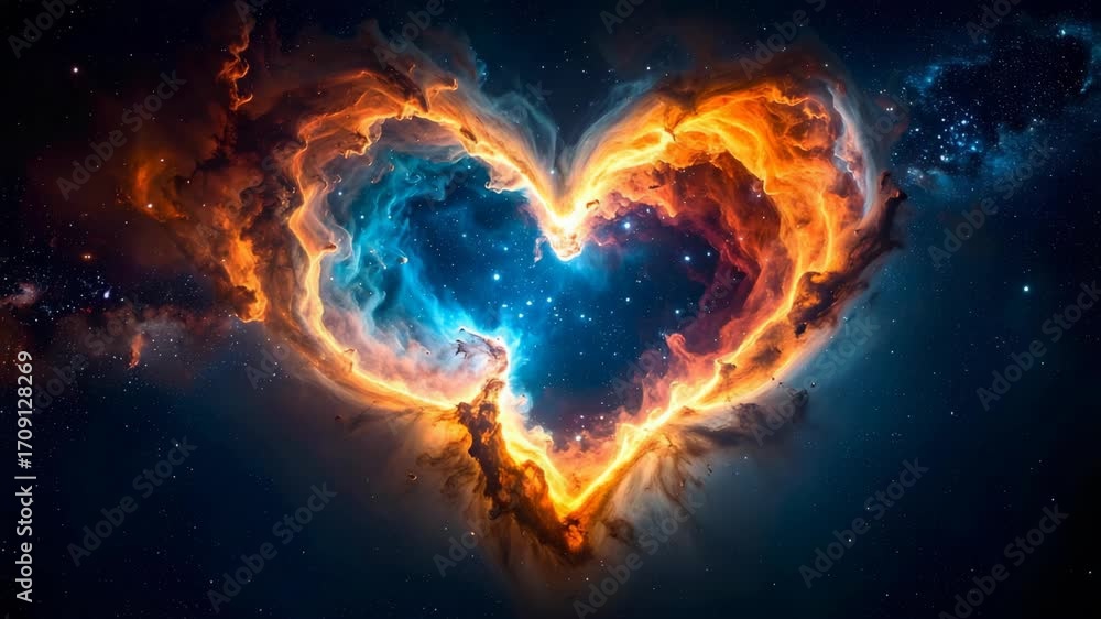 Poster nebula forms a heart shape with glowing celestial clouds and distant stars in outer space abstract i