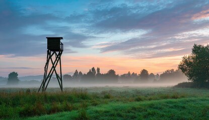 Naklejka premium Wooden hunting blind at dawn, misty field