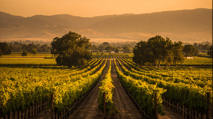 Fototapeta premium Serene vineyard landscape with orderly grapevine rows under natural sunlight, evoking tranquility and growth. 