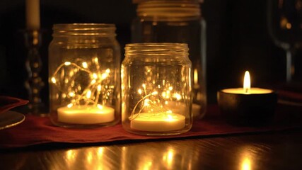 Warm and Romantic Table Setting with Glowing Candles and Fairy Lights in Glass Jars - Powered by Adobe