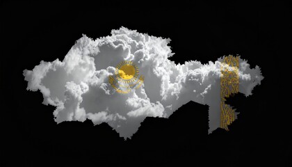 Cloud-filled map of a country with an emblem of a sun and eagle. A dark background accentuates its white and gold appearance