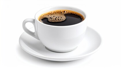 Dark, steaming coffee in white mug, placed on matching saucer, casts soft shadow against stark white background for minimalist aesthetic