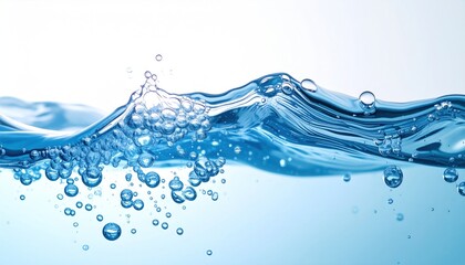 A close-up shows clear blue water with gentle waves, bubbles, and a clean white background, creating a refreshing and clean aquatic scene