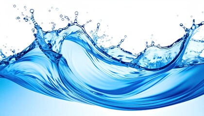 Vivid blue water forms a cresting wave with small bubbles and droplets against a pristine white backdrop