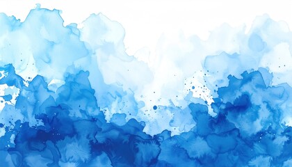 Abstract watercolor wash of blue hues blend and bleed together in soft shapes, creating a fluid and organic design against a white backdrop