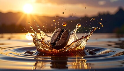 Coffee bean splash in water at sunset