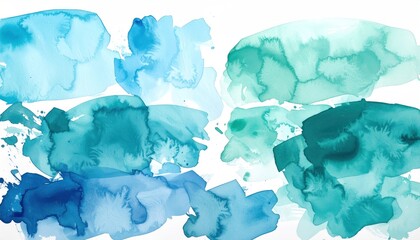 Watercolor washes in cool tones bleed across the white background, creating depth and texture with fluid, organic shapes and translucent layers
