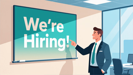 Recruiter Pointing To We Are Hiring Announcement Board In Corporate Office