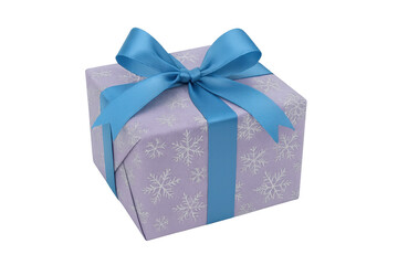 Obraz premium Purple christmas gift box with blue ribbon and snowflakes on transparent background