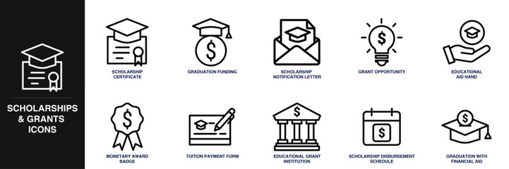 Scholarships and Grants Line Icon Set