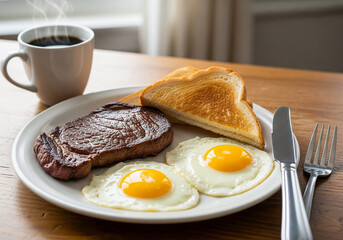 Grilled steak with sunny eggs, toast, and coffee served together