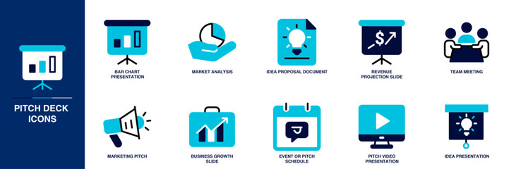 Pitch Deck Blue Colored Outline Icon Set
