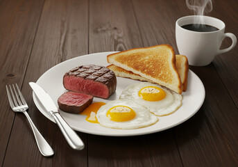 Steak and eggs served with buttered toast and steaming hot coffee