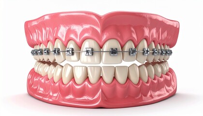 Obraz premium A high-resolution 3D medical illustration of a human jaw model with metal braces for orthodontic treatment