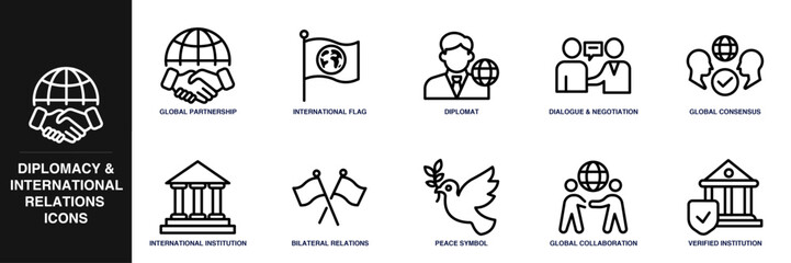 Diplomacy and International Relation Line Icon Set