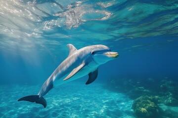 Fototapeta premium Beautiful dolphin swimming in clear blue water with sunlight shining from above showcasing vibrant colors and playful nature marine life