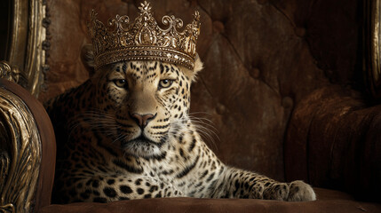 Powerful leopard crowned with an ornate golden crown sits on its chair