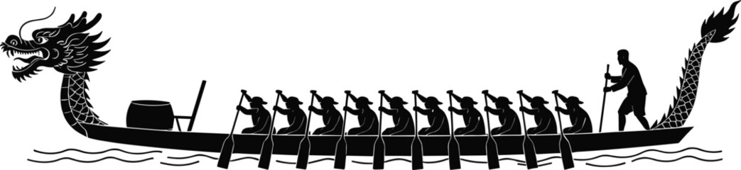 Dragon boat racing team paddling in traditional long boat, silhouette of rowers, water sports, teamwork, Asian cultural festival, competition. © Rafin's World