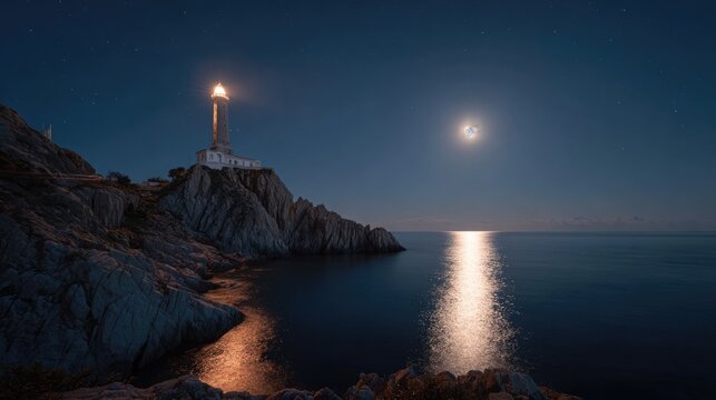 Lighthouse on a cliff on the sea coast casting serene reflection on the water. Moon in the night sky. Vacation trip and travel concept
