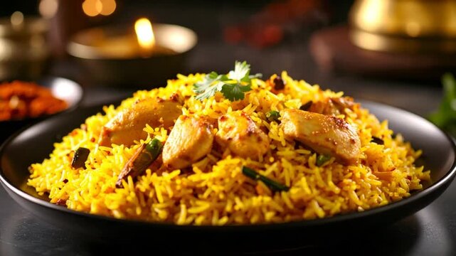 Chicken biryani plate closeup