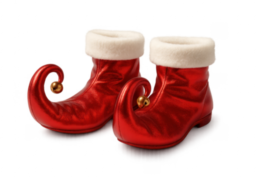 Pair of shiny red elf shoes with bells on transparent background