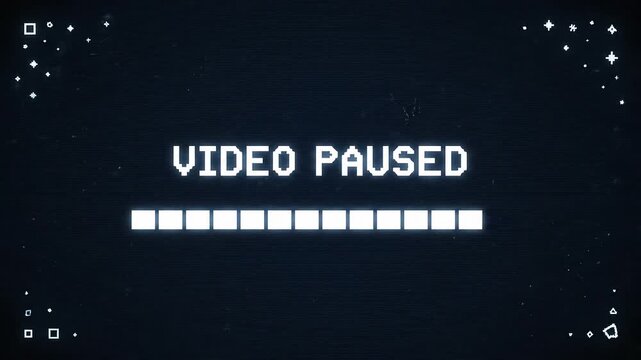 Animated retro pixel art screen displaying 'VIDEO PAUSED' with a progressing loading bar effect