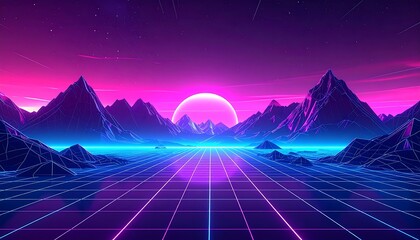 A futuristic landscape features a grid-like foreground leading to a mountain range under a glowing sunset with a vibrant neon color scheme