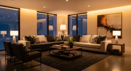 Modern Living Room Interior Design at Night.