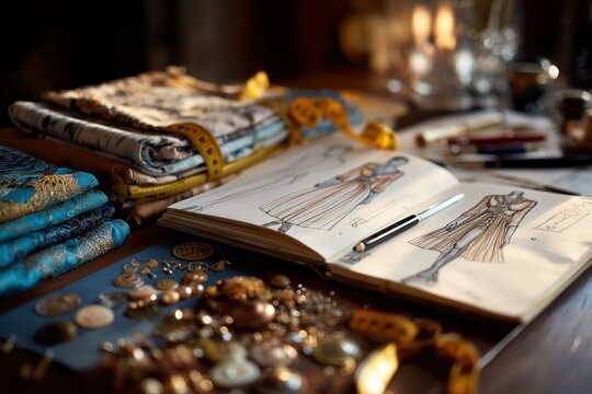 Fashion Designer's Workspace Sketches, Fabrics, and Accessories