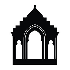 Ornate architectural silhouette of a traditional building facade with arched entryway and decorative accents