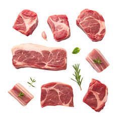 Assortment of Raw Pork Cuts with Herbs and Garlic on Black Background meat fresh meat