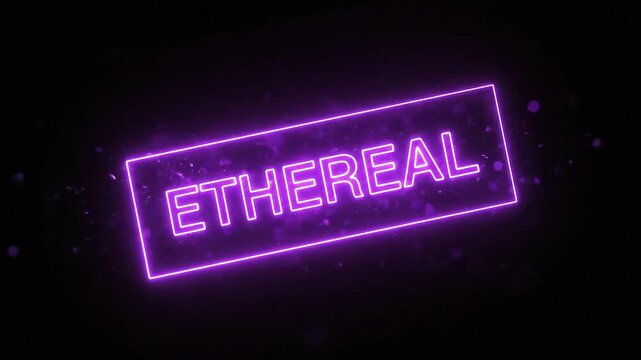 Dynamic Digital Animation of Ethereal Word in Glowing Purple Neon Box on Black Background
