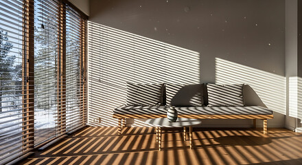 Modern living room interior with sunlight stripes from window blinds.