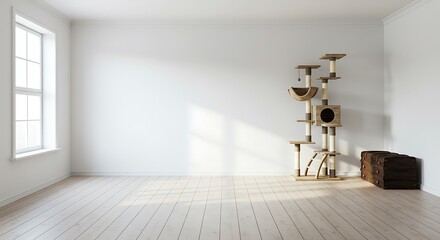Empty square room with Stylish cat tree and chest of drawers