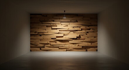 Empty square room with wooden pieces of timber on the wall