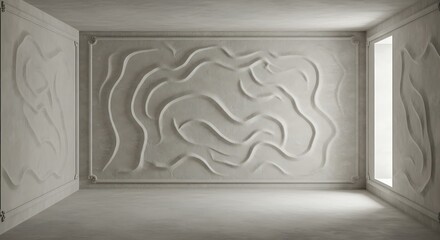 Empty square room with Reliefs abstraction of real texture, volumetric patterns in the form of stucco molding on wall