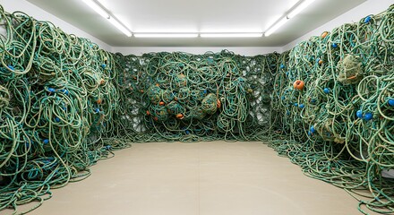 Empty square room with weathered and tangled green fishing ropes with flecks of color